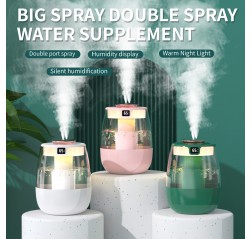 1台の静音超音波加湿器、暖かいナイトライト付き、大容量USBポータブルテーブルトップミストメーカー、寝室やオフィス用、ダブルスプレー、水位表示、キーコントロール、最大2.5Lタンク、<10m²のカバレッジ、最大湿度300ml/h、バッテリー不要 - モダンデザイン
