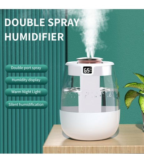 1台の静音超音波加湿器、暖かいナイトライト付き、大容量USBポータブルテーブルトップミストメーカー、寝室やオフィス用、ダブルスプレー、水位表示、キーコントロール、最大2.5Lタンク、<10m²のカバレッジ、最大湿度300ml/h、バッテリー不要 - モダンデザイン