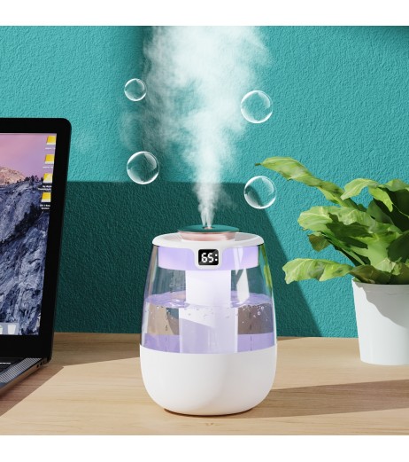 1台の静音超音波加湿器、暖かいナイトライト付き、大容量USBポータブルテーブルトップミストメーカー、寝室やオフィス用、ダブルスプレー、水位表示、キーコントロール、最大2.5Lタンク、<10m²のカバレッジ、最大湿度300ml/h、バッテリー不要 - モダンデザイン