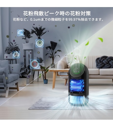 3段階の空気量設定、ナイトライト、20畳のテーブル用、除臭、ダスト収集、煙草/ペット/ダスト/PM2.5/花粉制御、タイムアウトモード、小型、省エネルギー、静音運転。