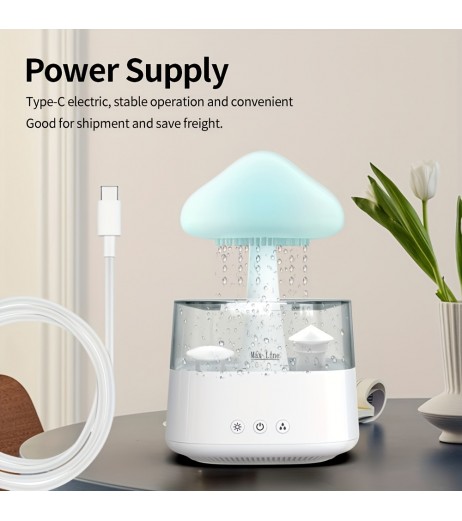 450mlの雨デザインLEDナイトライト加湿器、USB Type-C給電、マッシュルームサイズ、リラックスした雰囲気のためのマルチカラー、家庭用ベッドルームのデコレーション