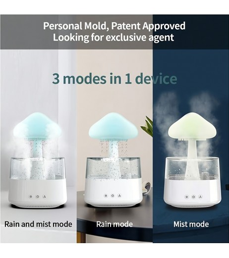 450mlの雨デザインLEDナイトライト加湿器、USB Type-C給電、マッシュルームサイズ、リラックスした雰囲気のためのマルチカラー、家庭用ベッドルームのデコレーション