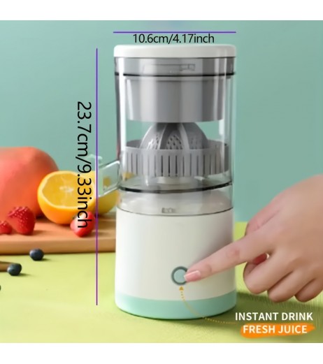 USB充電式自動シトラスジューサー – ポータブル多機能フルーツスクイザー、食品グレードABSカップ付き、36V以下、ステンレススチールブレード、ライトグリーンのアクセント、自宅や外出先での新鮮なジュースに最適