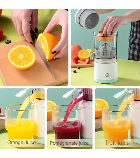 USB充電式自動シトラスジューサー – ポータブル多機能フルーツスクイザー、食品グレードABSカップ付き、36V以下、ステンレススチールブレード、ライトグリーンのアクセント、自宅や外出先での新鮮なジュースに最適