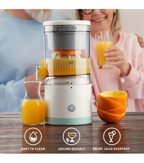 USB充電式自動シトラスジューサー – ポータブル多機能フルーツスクイザー、食品グレードABSカップ付き、36V以下、ステンレススチールブレード、ライトグリーンのアクセント、自宅や外出先での新鮮なジュースに最適