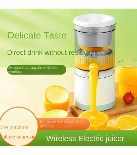 USB充電式自動シトラスジューサー – ポータブル多機能フルーツスクイザー、食品グレードABSカップ付き、36V以下、ステンレススチールブレード、ライトグリーンのアクセント、自宅や外出先での新鮮なジュースに最適