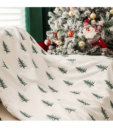 1pc 居心地の良い現代的なクリスマスツリー刺繍入りプラッシュスローブランケット - 柔らかなホワイトポリエステル、オールシーズン、手洗いのみ、幾何学的な松のパターン、ニット生地、重量 >500g/㎡
