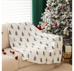 1pc 居心地の良い現代的なクリスマスツリー刺繍入りプラッシュスローブランケット - 柔らかなホワイトポリエステル、オールシーズン、手洗いのみ、幾何学的な松のパターン、ニット生地、重量 >500g/㎡
