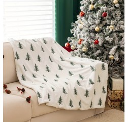 1pc 居心地の良い現代的なクリスマスツリー刺繍入りプラッシュスローブランケット - 柔らかなホワイトポリエステル、オールシーズン、手洗いのみ、幾何学的な松のパターン、ニット生地、重量 >500g/㎡