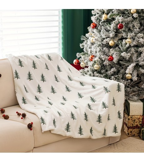 1pc 居心地の良い現代的なクリスマスツリー刺繍入りプラッシュスローブランケット - 柔らかなホワイトポリエステル、オールシーズン、手洗いのみ、幾何学的な松のパターン、ニット生地、重量 >500g/㎡