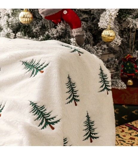 1pc 居心地の良い現代的なクリスマスツリー刺繍入りプラッシュスローブランケット - 柔らかなホワイトポリエステル、オールシーズン、手洗いのみ、幾何学的な松のパターン、ニット生地、重量 >500g/㎡