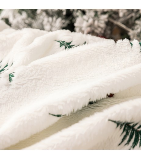 1pc 居心地の良い現代的なクリスマスツリー刺繍入りプラッシュスローブランケット - 柔らかなホワイトポリエステル、オールシーズン、手洗いのみ、幾何学的な松のパターン、ニット生地、重量 >500g/㎡