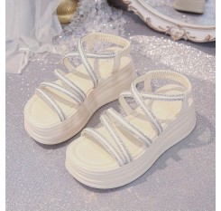 女性用通気性プラットフォームシューズ、厚手クッションEVAインソール＆滑り止めPVCソール付き - 調節可能なアンクルストラップ、キラキラ装飾、フェイクカバーアッパー - カジュアルからドレッシーまで多様な夏の靴、トレンディスリッポン | 合成素材構造、ストラップ付きシューズ