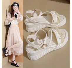 女性用の夏オープントゥウェッジサンダル - ソフトソール、プラットフォームヒール、ベージュ合成カバーとバックルストラップ付き、ビーチバケーション、休暇用の足用靴 | シックなサンダル | ウーブンファブリックサンダル