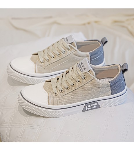 Men'S Casual Low Top Sneakers - Beige Canvas, Lace-Up with Round Toe, Rubber Sole, All-Season Comfort Shoes, Casual Footwear | Casual Style | Rubber Sole Sneakers