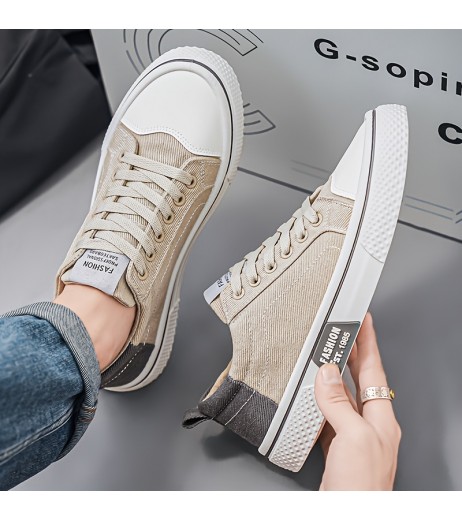 Men'S Casual Low Top Sneakers - Beige Canvas, Lace-Up with Round Toe, Rubber Sole, All-Season Comfort Shoes, Casual Footwear | Casual Style | Rubber Sole Sneakers