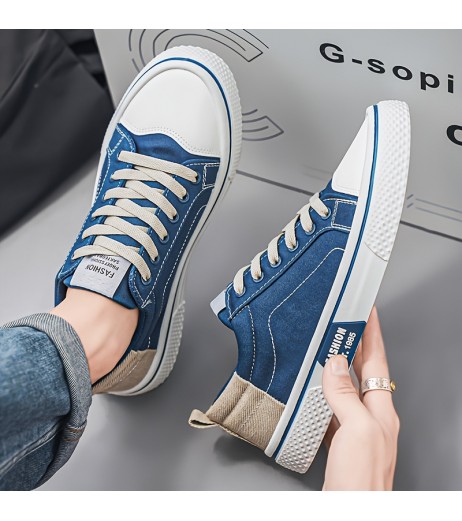 Men'S Casual Low Top Sneakers - Beige Canvas, Lace-Up with Round Toe, Rubber Sole, All-Season Comfort Shoes, Casual Footwear | Casual Style | Rubber Sole Sneakers