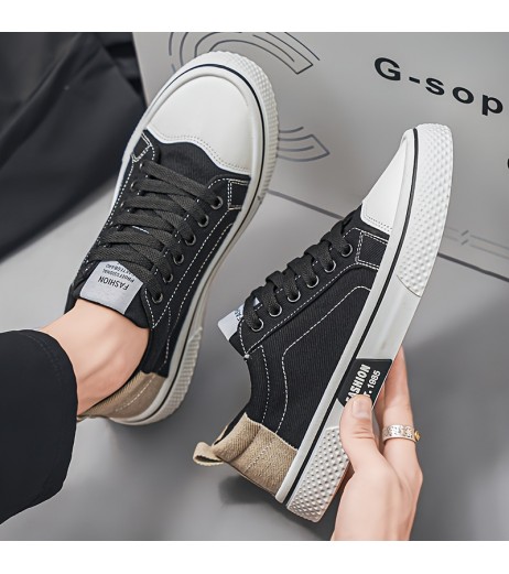 Men'S Casual Low Top Sneakers - Beige Canvas, Lace-Up with Round Toe, Rubber Sole, All-Season Comfort Shoes, Casual Footwear | Casual Style | Rubber Sole Sneakers