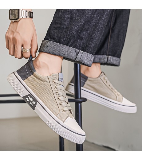 Men'S Casual Low Top Sneakers - Beige Canvas, Lace-Up with Round Toe, Rubber Sole, All-Season Comfort Shoes, Casual Footwear | Casual Style | Rubber Sole Sneakers