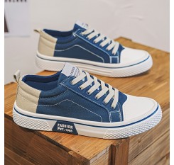 メンズ クラシック ブルー＆ホワイト キャンバス スニーカー - 快適で通気性のあるロートップ レースアップ シューズ、耐久性EVAソール付き カジュアルストリートウェア＆スポーティスタイル用、毎日の快適な履物 | スリークシューデザイン | ファブリックライニングインテリア