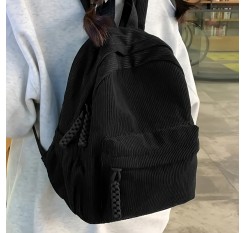 女性用メディアムコーデュロイバックパック - ブラック、調節可能なストラップ、フロントジッパーポケット付き折りたたみ式デザイン、タッセルアクセント付き、旅行、学校、または日常使用に適したカジュアルデイパック、旅行用バックパック