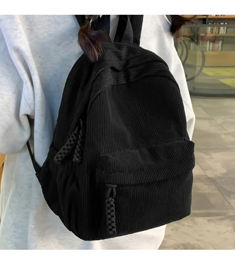 女性用メディアムコーデュロイバックパック - ブラック、調節可能なストラップ、フロントジッパーポケット付き折りたたみ式デザイン、タッセルアクセント付き、旅行、学校、または日常使用に適したカジュアルデイパック、旅行用バックパック