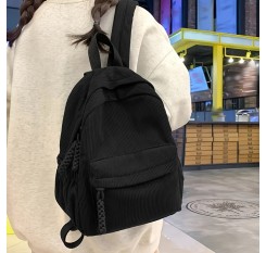 女性用メディアムコーデュロイバックパック - ブラック、調節可能なストラップ、フロントジッパーポケット付き折りたたみ式デザイン、タッセルアクセント付き、旅行、学校、または日常使用に適したカジュアルデイパック、旅行用バックパック