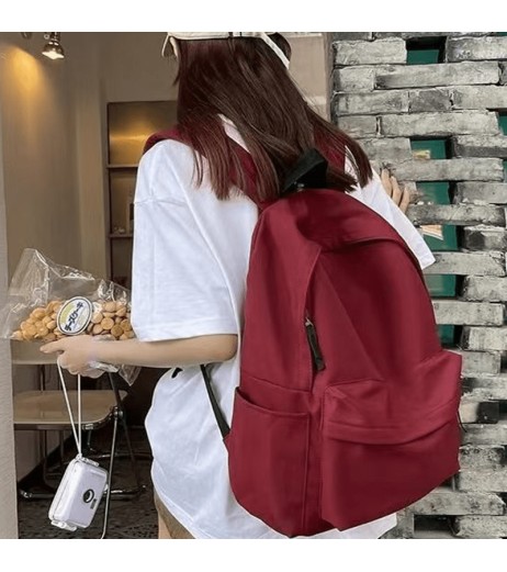 1pc ミニマリスト大容量ソリッドカラーバックパック - レッドナイロン、ジッパークロージャー、手洗い可能、旅行、ショッピング、ノートパソコンや教科書を収納、ショッピングバックパックに最適 | ミニマリストバックパック | 耐久性のあるバックパック