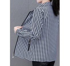 春/秋の週末にぴったりのレディースカジュアルハウストゥースパターポリエステルスタンドカラールングスリーブジッパープレースジャケット