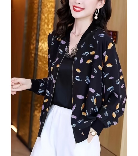 女性用軽量幾何学プリントベースボールジャケット - 長袖、ゆったりフィット、UVカット、夏のカジュアルアウターウェア ジッパー付きディテール、ブラック＆パープル柄、カジュアルなサマージャケット | リラックスフィットジャケット | スタイリッシュなカジュアルウェア