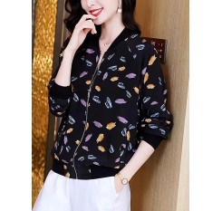 女性用軽量幾何学プリントベースボールジャケット - 長袖、ゆったりフィット、UVカット、夏のカジュアルアウターウェア ジッパー付きディテール、ブラック＆パープル柄、カジュアルなサマージャケット | リラックスフィットジャケット | スタイリッシュなカジュアルウェア