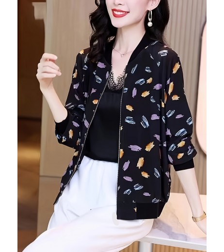 女性用軽量幾何学プリントベースボールジャケット - 長袖、ゆったりフィット、UVカット、夏のカジュアルアウターウェア ジッパー付きディテール、ブラック＆パープル柄、カジュアルなサマージャケット | リラックスフィットジャケット | スタイリッシュなカジュアルウェア