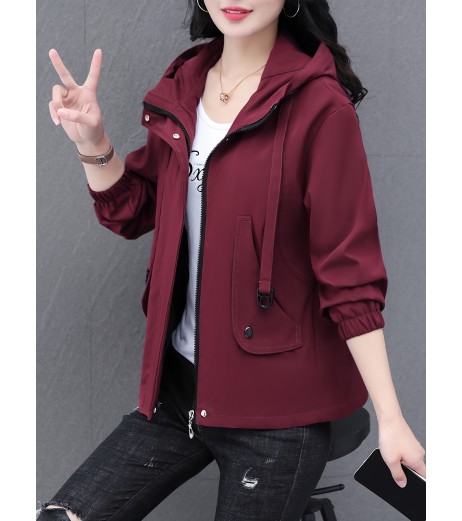 レディースカジュアルウィンドブレーカーショートジャケット - 紫色、伸縮性なしポリエステル、ジッパー付きポケット付き