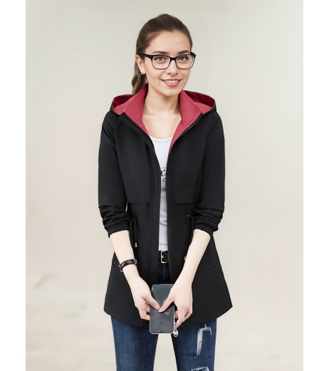 カジュアル chic 2WAY レッドジャケット、春秋向け、フード付き