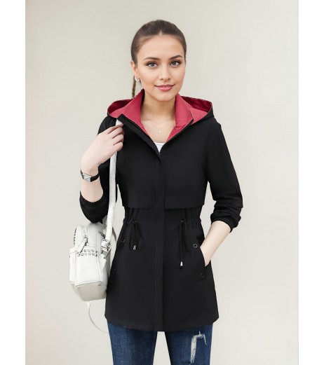 カジュアル chic 2WAY レッドジャケット、春秋向け、フード付き