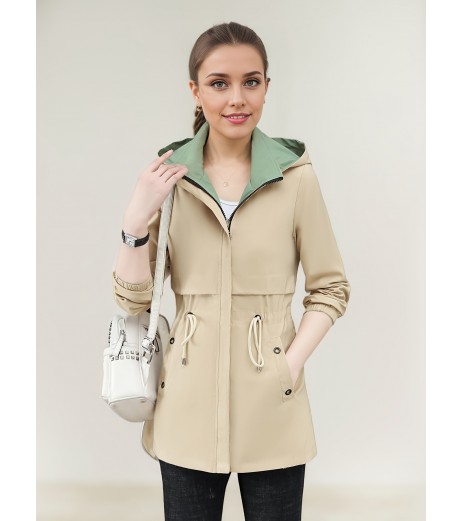 カジュアル chic 2WAY レッドジャケット、春秋向け、フード付き