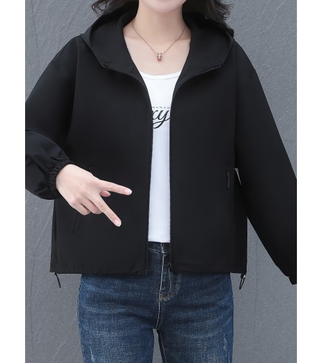 女性用カジュアルフード付きショートジャケット - オリーブグリーン、ジッパー付き、ポケット、長袖、春秋用カジュアルウェア
