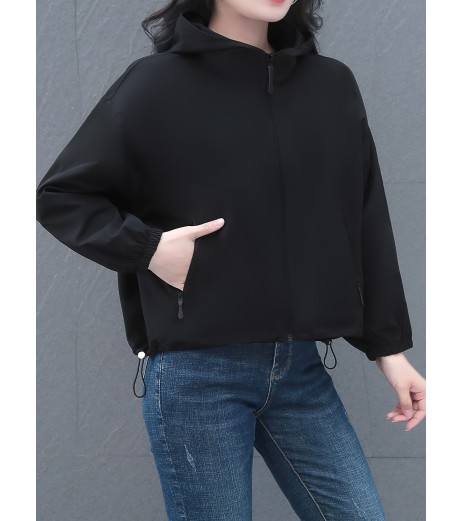 女性用カジュアルフード付きショートジャケット - オリーブグリーン、ジッパー付き、ポケット、長袖、春秋用カジュアルウェア