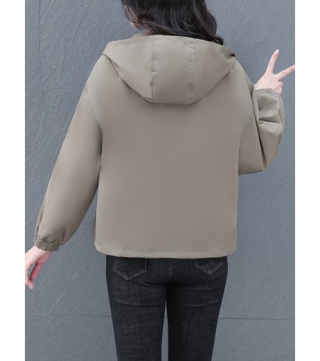 女性用カジュアルフード付きショートジャケット - オリーブグリーン、ジッパー付き、ポケット、長袖、春秋用カジュアルウェア