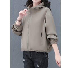 女性用カジュアルフード付きショートジャケット - オリーブグリーン、ジッパー付き、ポケット、長袖、春秋用カジュアルウェア