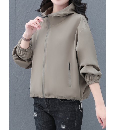女性用カジュアルフード付きショートジャケット - オリーブグリーン、ジッパー付き、ポケット、長袖、春秋用カジュアルウェア
