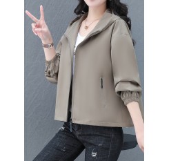 女性用カジュアルフード付きショートジャケット - オリーブグリーン、ジッパー付き、ポケット、長袖、春秋用カジュアルウェア