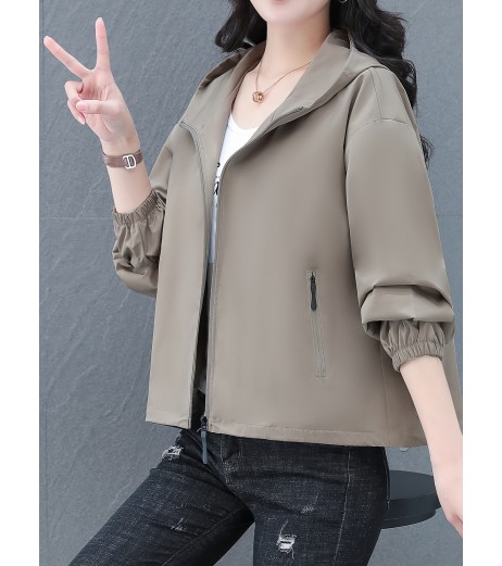 女性用カジュアルフード付きショートジャケット - オリーブグリーン、ジッパー付き、ポケット、長袖、春秋用カジュアルウェア