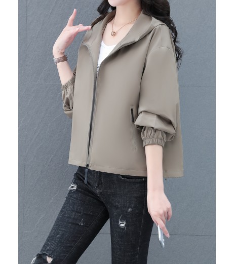 女性用カジュアルフード付きショートジャケット - オリーブグリーン、ジッパー付き、ポケット、長袖、春秋用カジュアルウェア