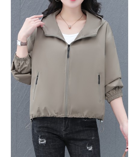 女性用カジュアルフード付きショートジャケット - オリーブグリーン、ジッパー付き、ポケット、長袖、春秋用カジュアルウェア
