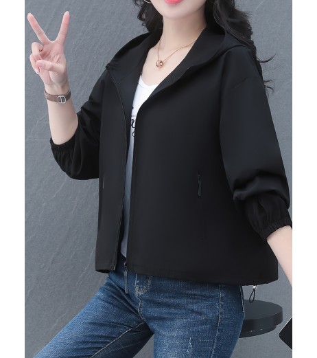 女性用カジュアルフード付きショートジャケット - オリーブグリーン、ジッパー付き、ポケット、長袖、春秋用カジュアルウェア