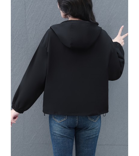 女性用カジュアルフード付きショートジャケット - オリーブグリーン、ジッパー付き、ポケット、長袖、春秋用カジュアルウェア