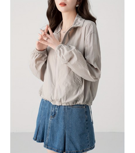 ジップアップ ドローストリング カラー ジャケット、カジュアル 長袖 斜めポケット ジャケット 春秋用、レディース服