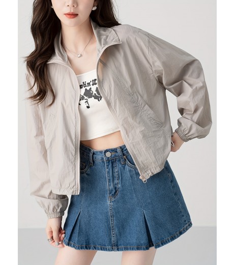 ジップアップ ドローストリング カラー ジャケット、カジュアル 長袖 斜めポケット ジャケット 春秋用、レディース服