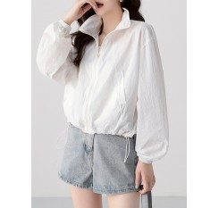 ジップアップ ドローストリング カラー ジャケット、カジュアル 長袖 斜めポケット ジャケット 春秋用、レディース服